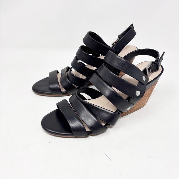 Naya Size 9‎ Lassie Black Leather Studded Strappy Sandal Wood Stacked Heel - Picture 1 of 11
